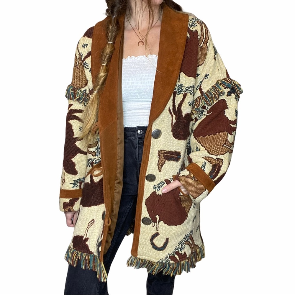 Vintage Pioneer Wear Blanket Jacket Suede Fringe